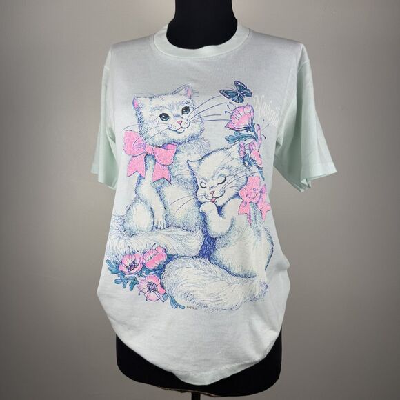 80s/90s Vintage Graphic Cat T-Shirt Pastel Kawaii Kitten | Made in USA - Picture 1 of 14